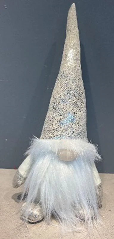 Pour un extérieur à votre image：Gnome assis en tissu avec bonnet givré scintillant et chaussons dorés - 15 x 11 x 36 cm