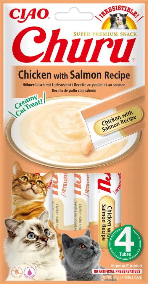 Pour embellir vos extérieurs:Friandise en crème pour chat poulet et saumon Inaba Ciao Churu - 4 x 14 g
