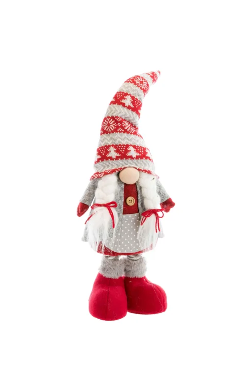 Pour votre projet:Gnome fille debout traditionnelle télescopique en tissu rouge et gris avec chaussons - 20 x 11 x 79 cm