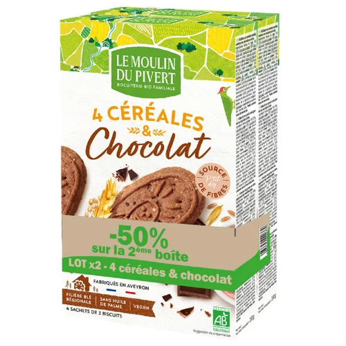 Espace vert facile：Lot de biscuits p'tit dej chocolat bio Le Moulin du Pivert - 2 x 190 g (50% sur le 2ème)