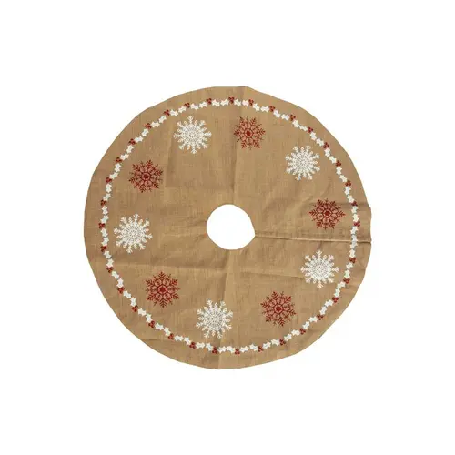 Jardin utile:Jupe de sapin en jute beige décor flocons rouges et blancs - Ø 120 cm