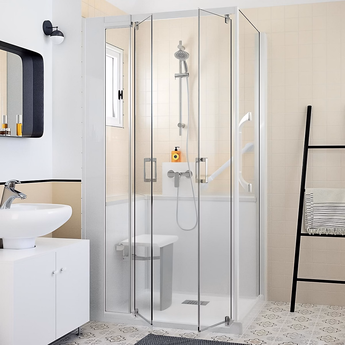 Cabine de douche d'angle KINEDO KINEMAGIC SERENITE 100x70 angle mixte pivotante verre transparent thermostatique | Cabine de douche