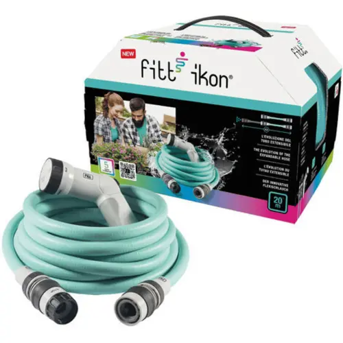 Inspiration jardin:Tuyau extensible bleu aquamarine avec accessoires et pistolet multijet Fitt Ikon - 25 m