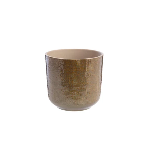 Une solution adaptée au jardin：Cache-pot en céramique coloris jute vert Sandstone – 13,5 x 13 cm