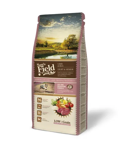 Adapté au jardin:Croquette pour chien mature light à l'agneau avec du riz Sam's Field - 13 kg
