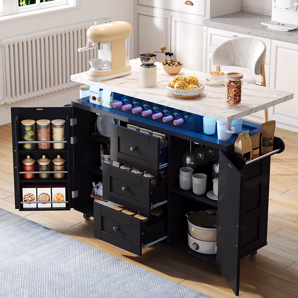 Îlot de Cuisine Mobile avec Tiroirs – Plateau Rabattable, Éclairage LED et Casiers à Vin, Meuble de Rangement Noir
