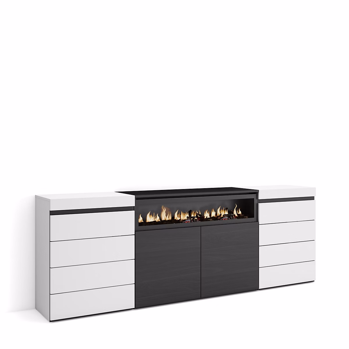 Commode buffet armoire 214 × 35 × 75cm feu led sans chaleur blanc et noir
