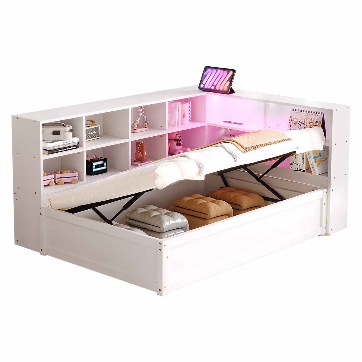Canapé lit 90 par 200 cm avec prise multiple rangement lumineux lit hydraulique bois massif lit simple multifonction blanc – Réf. FUAKIQVGY4410266626