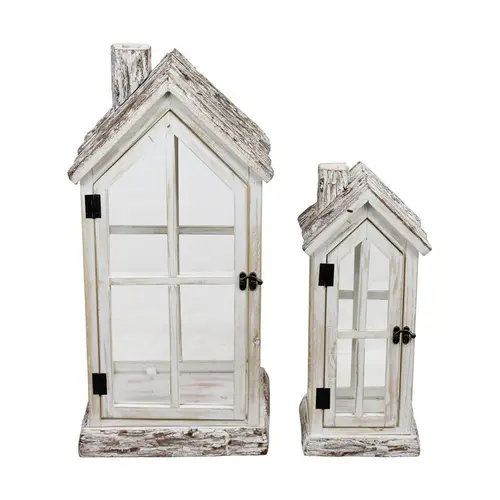 Jardin simple:Lanterne en bois de sapin forme maison blanche avec verre grand modèle - 28 x 21 x 57 cm