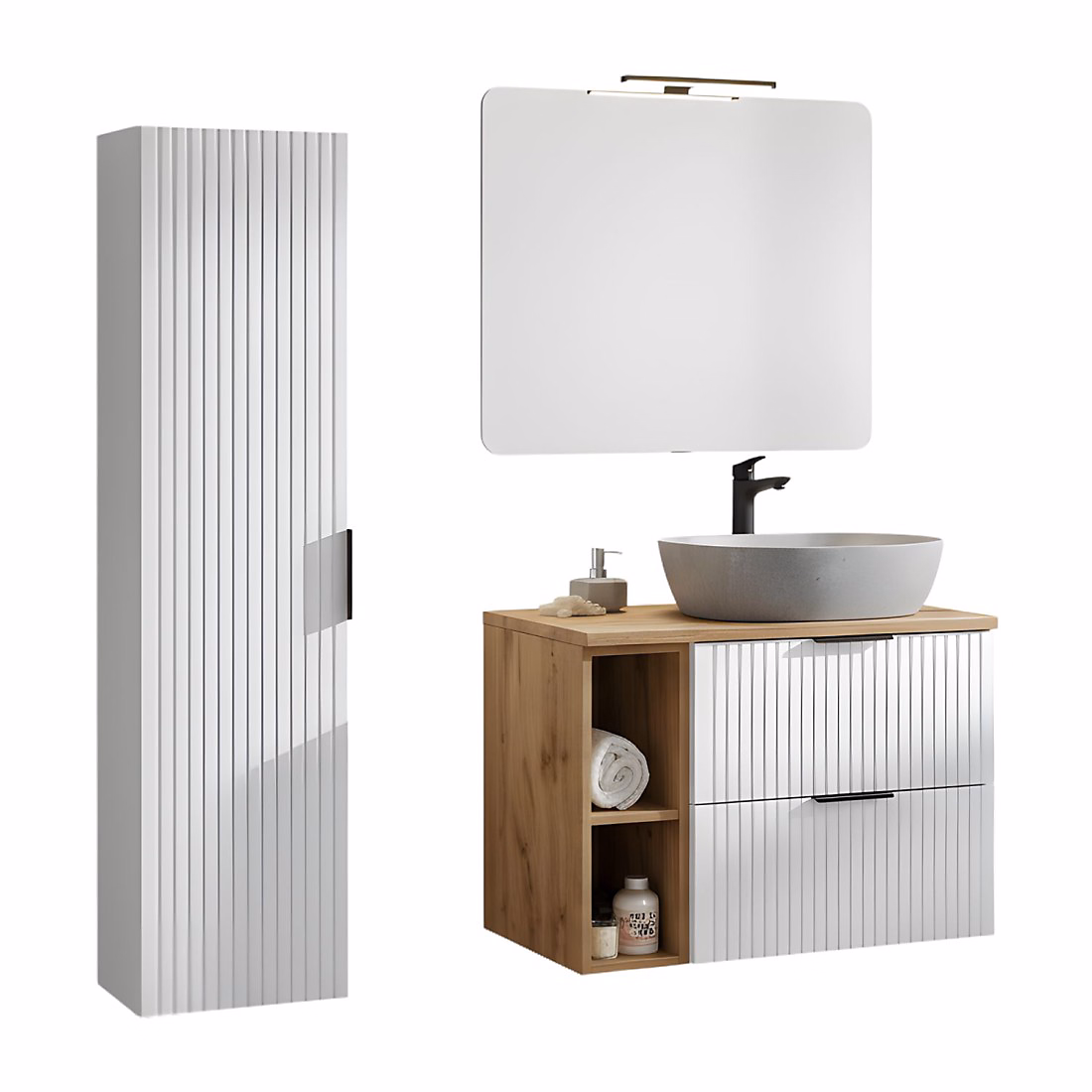 Ensemble de salle de bain NOXERA Meuble sous vasque suspendu avec vasque imitation marbre | rangements – miroir et lampe LED