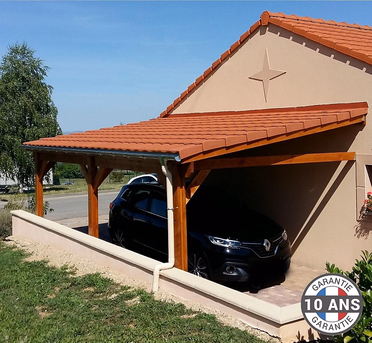 Carport adossé une pente 450cmx550cm – bois DOUGLAS Français (Charpente en bois-auvent-abri voiture) 25 m². Garantie 10 ans