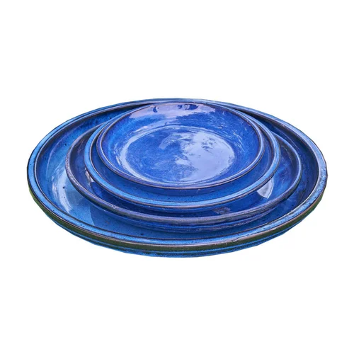 Esprit végétal：Soucoupe en terre cuite émaillée bleue Poterie du Bousquet Costa - Ø 24 x H 3 cm