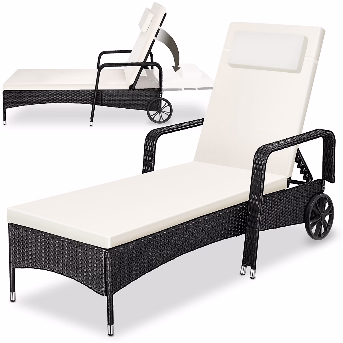 Salon et mobilier de jardin – Bain de soleil en rotin robuste et résistant aux UV noir/beige