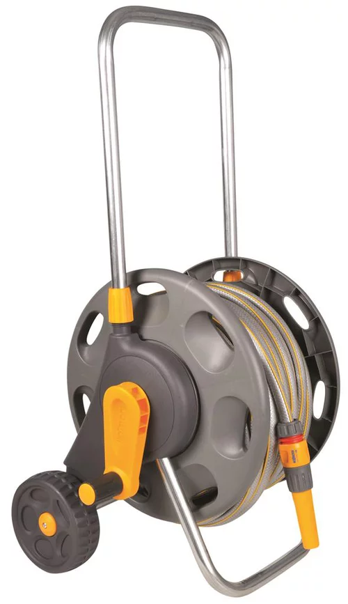 Utile pour le jardin:Chariot métallique pour arrosage avec tuyau coloris gris Hozelock - 20 m