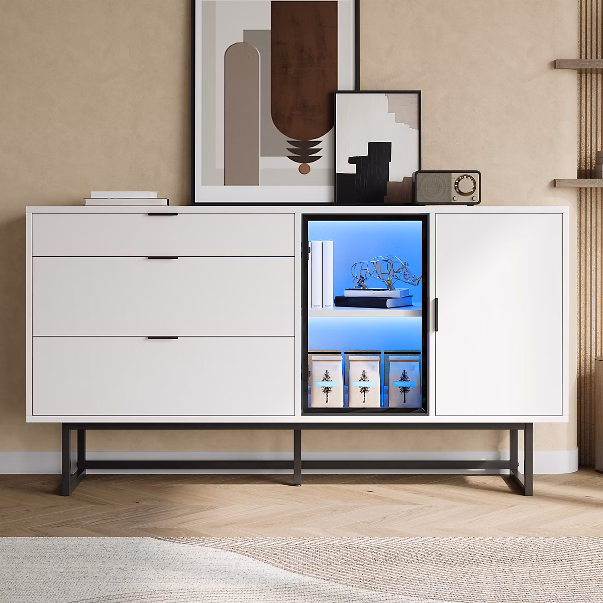 Meuble – Buffet 160 cm blanc en MDF avec vitrine en verre et éclairage LED