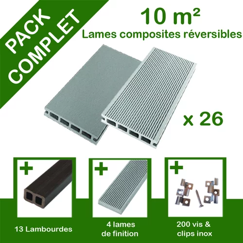Jardin & extérieur:Pack complet terrasse composite gris 10 m2