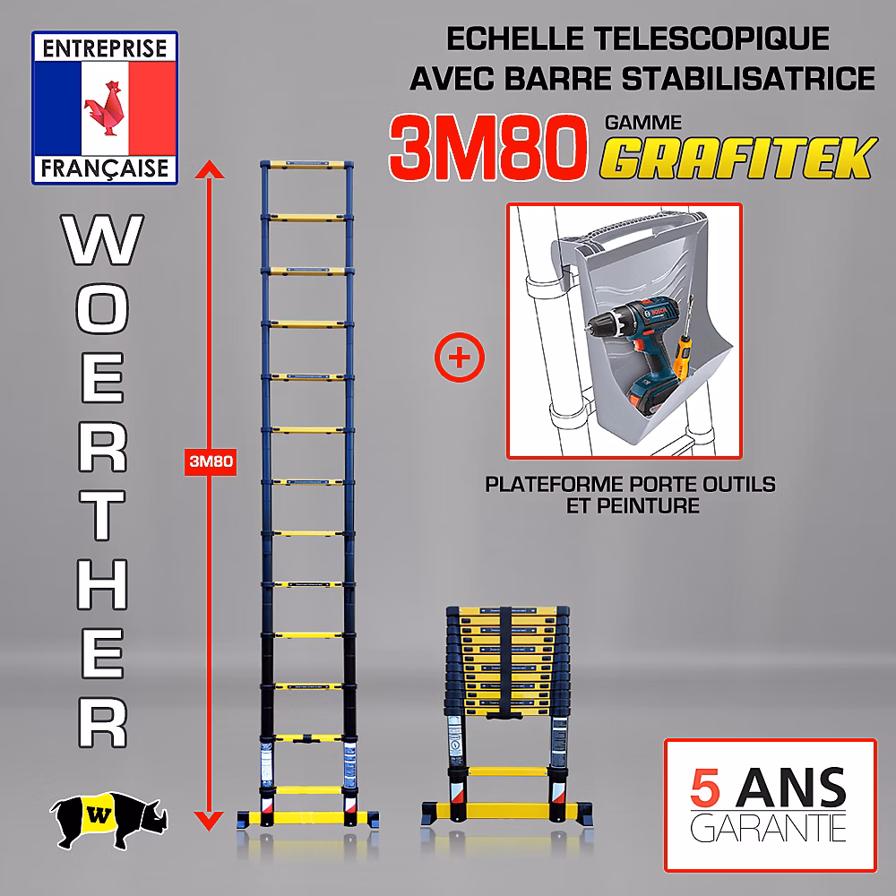 Echelle télescopique Woerther 3m80 avec barre stabilisatrice + Plateforme porte-outils et peinture – Réf. UZUIKASVC5620918421