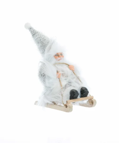 Facile pour le jardin：Père Noël en tissu gris et blanc sur luge avec hotte - 18 cm