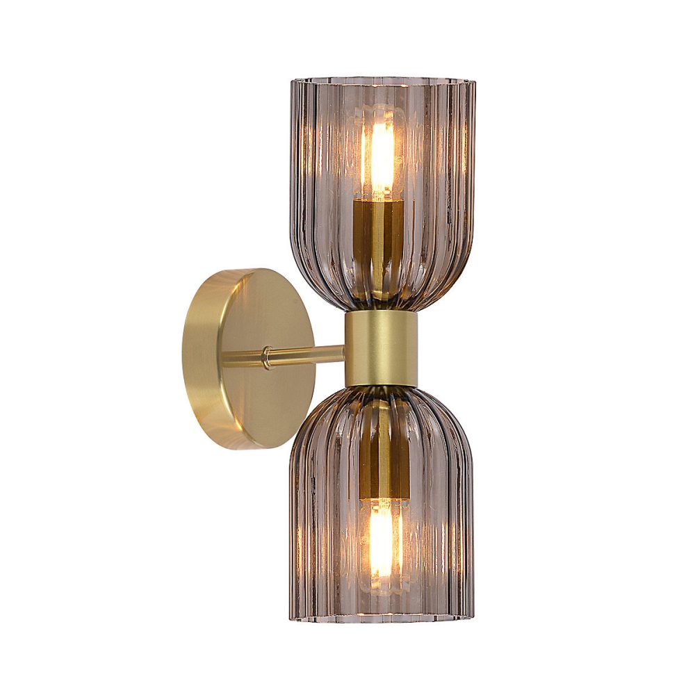 Applique murale double dorée verre fumé 2xE14 salon chambre – Réf. WGEZTSHDD6197418689