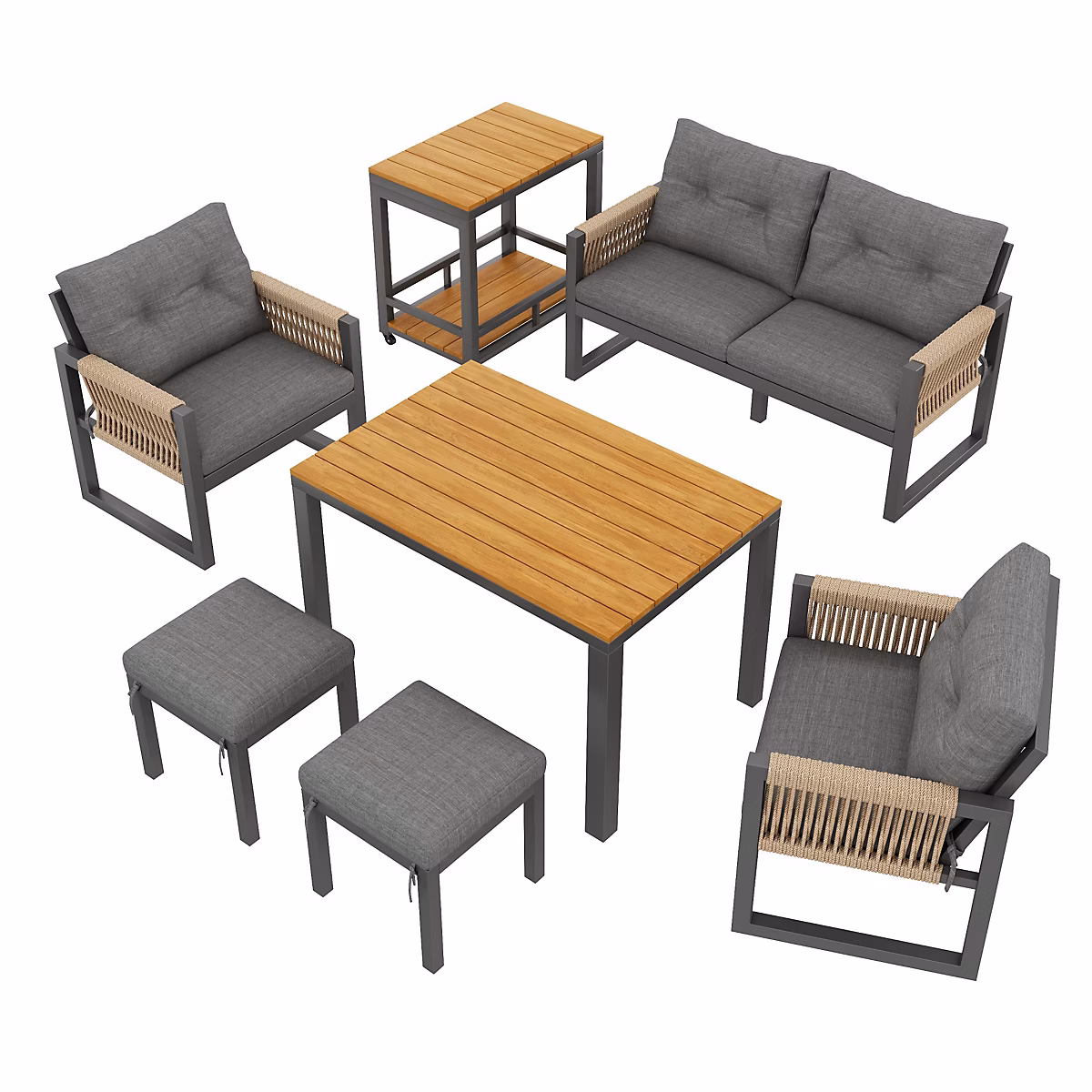 Ensemble table et chaises de jardin en acier – polyester, bois et corde avec coussins gris et naturel