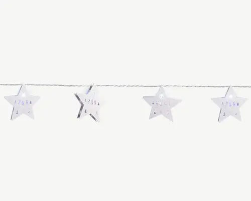 Une solution pratique pour l’extérieur:Guirlande lumineuse avec étoiles en bois à 10 LED blanc froid et câble argent sur piles - 1,80 m