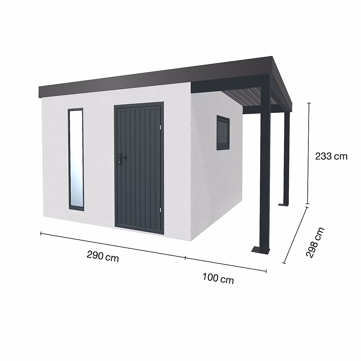 Abri de jardin en métal finition crépi 2900 × 2980 mm blanc avec auvent à droite 1000 × 2980 mm anthracite