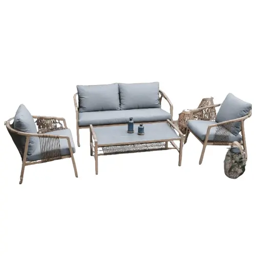 Malin extérieur:Salon de jardin en aluminium et résine tressée coloris gris clair Kanto - 4 éléments (canapé, table basse et deux fauteuils)