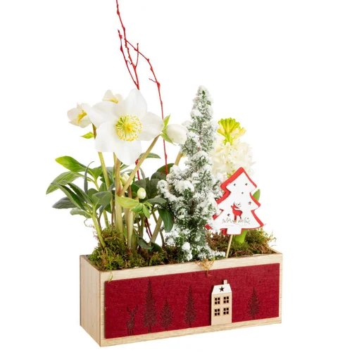 Le pratique pour l’extérieur:Composition hellébore et jacinthes en jardinette feutrine rouge