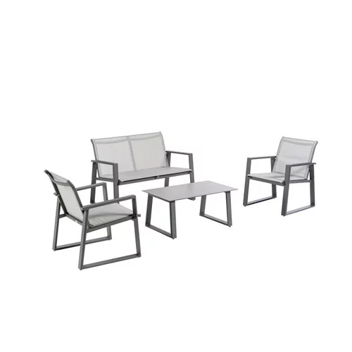 Jardin en extérieur:Salon de jardin en aluminium graphite et toile textylène gris perle Alysse - 4 éléments (canapé, table basse et deux fauteuils)