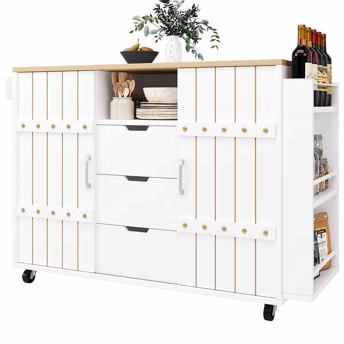 Buffet De Cuisine Blanc à Motif Bois – Portes Coulissantes, tiroirs,plan De Travail-rangement Épices