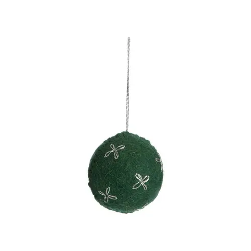 Sélection malin:Boule en laine polyester verte à décor fleur blanche - Ø 4 cm
