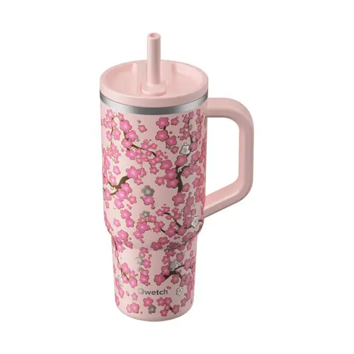 Une touche extérieure：Travel cup isotherme en inox à motifs fleurs rose pastel avec bouchon étanche Qwetch - 900 ml
