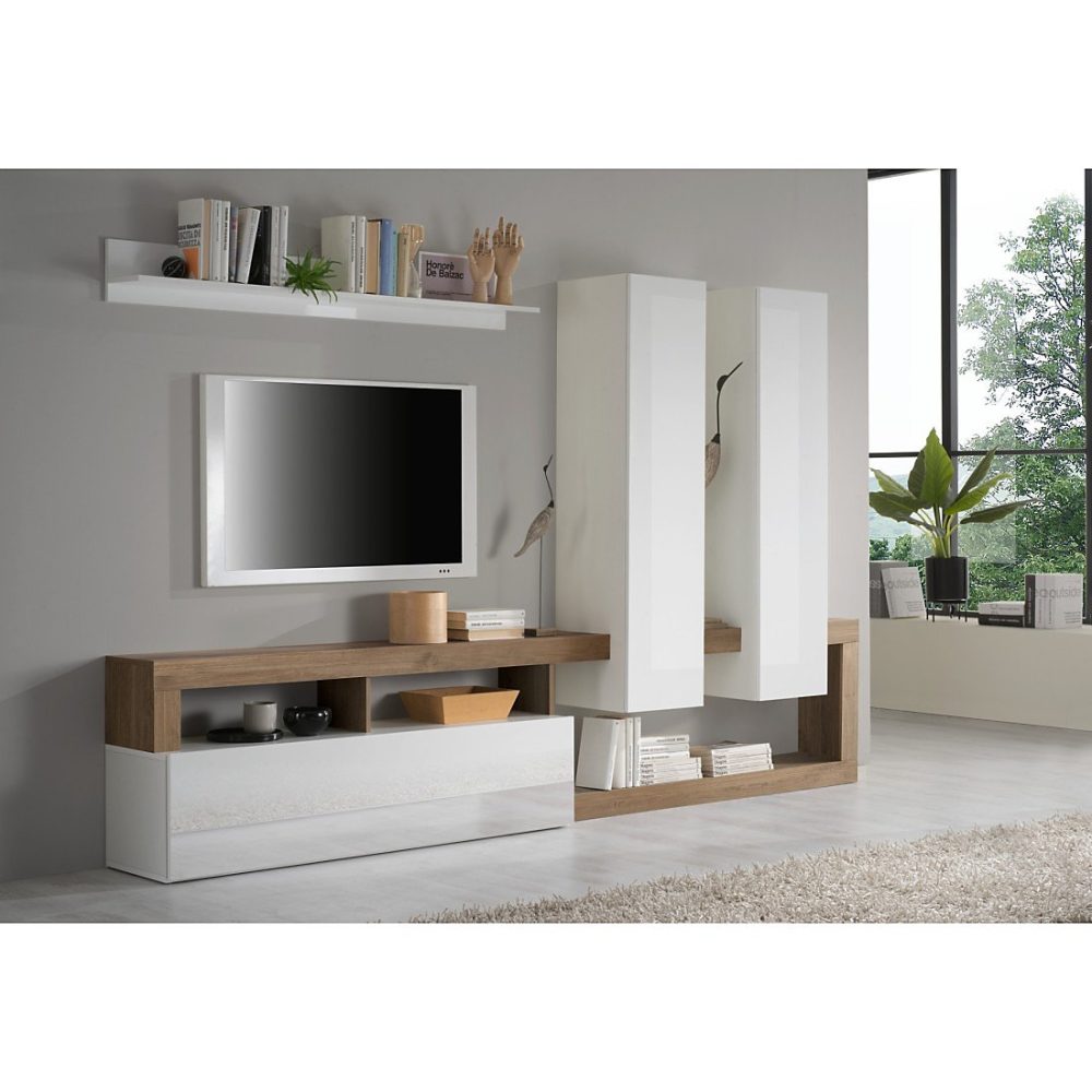 Ensemble meubles salon avec rangements – collection BURA, blanc brillant laqué/chene mercure