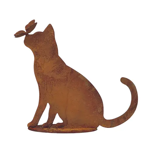 Idée extérieur:Chat décoratif avec papillon coloris marron en métal rouillé - 45 x 42 cm