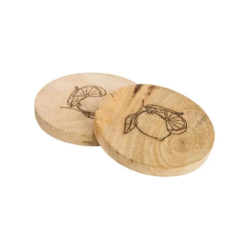 Un choix pratique pour l’extérieur:Sous-verres en bois de manguier à décor citron noirs x2 - Ø 10 cm