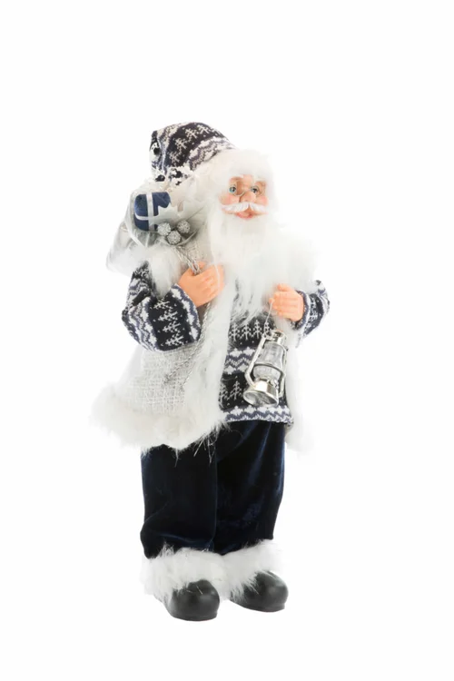 Pour compléter votre espace extérieur:Père Noël en tissu bleu et blanc avec hotte et lanterne argentées - 60 cm