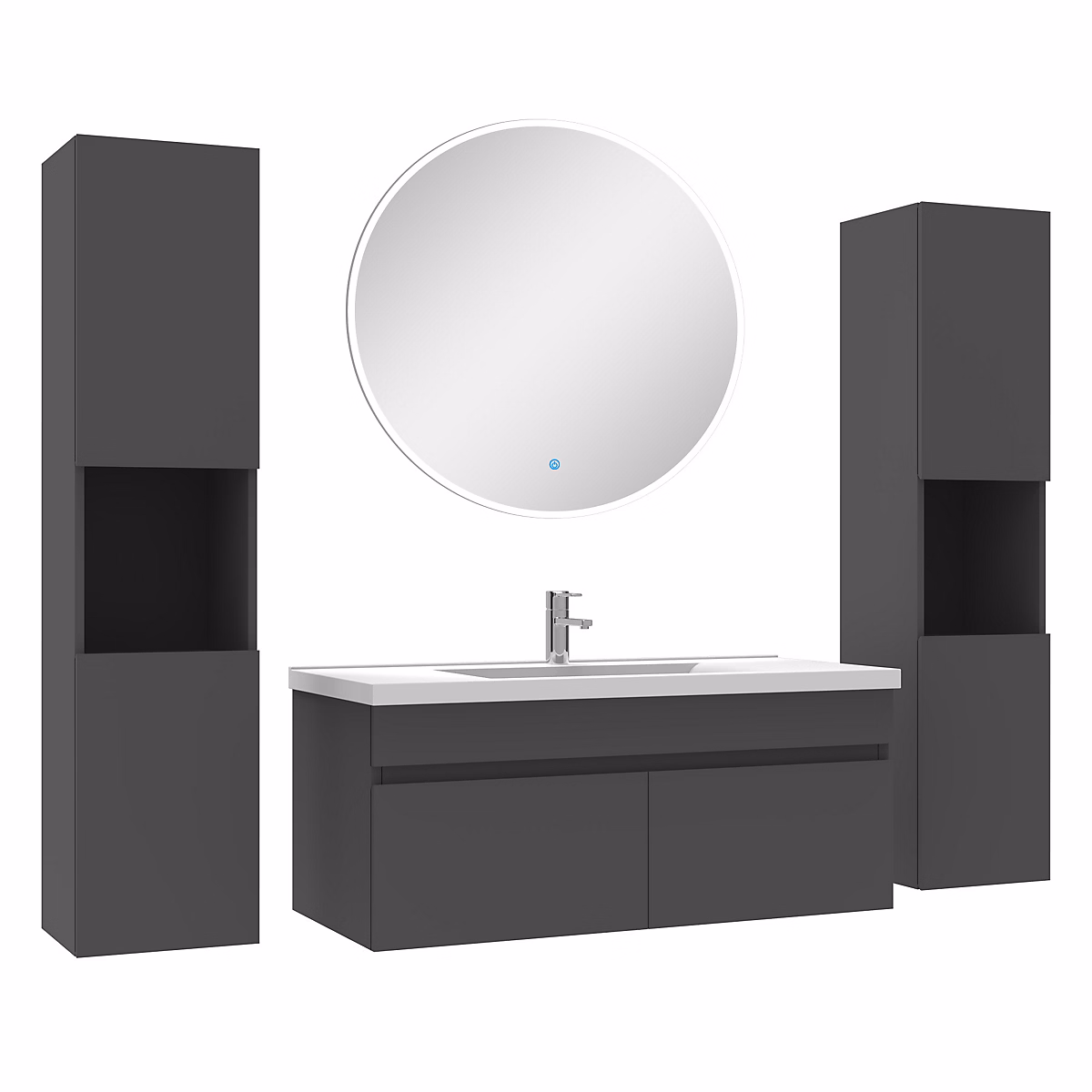 Ensemble meubles Salle de Bain simple vasque 100cm – colonne x2 et miroir rond Anthracite