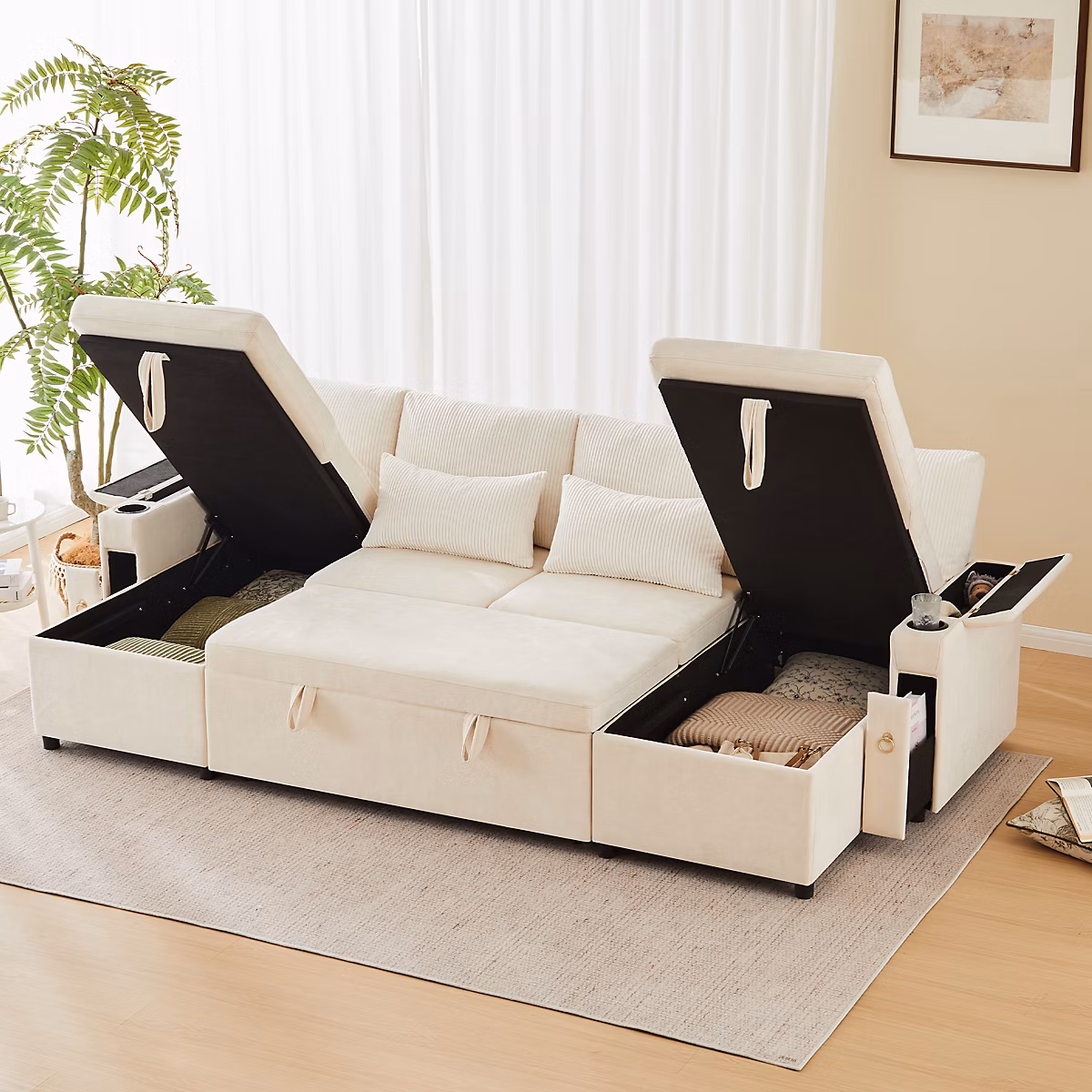 Canapé convertible 4 places – porte-gobelet,rangement,canapé d'angle en U,accoudoir avec rangement,canapé 4 places,chenille,beige