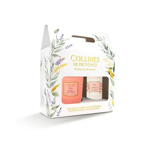 Pour votre espace extérieur：Coffret bougie et parfum intérieur senteur rose hibiscus Collines de Provence - 180 g + 100 ml
