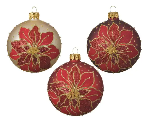 Moderne au jardin:Boule en verre rouge mat avec motif poinsettia - Ø 8 cm