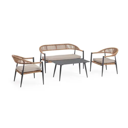 Pour valoriser votre jardin:Salon de jardin en aluminium coloris anthracite et corde Jandia - 4 éléments (canapé, table basse et deux fauteuils)