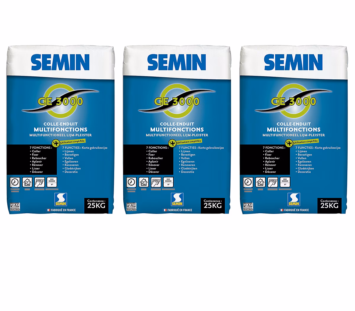 Enduit Multifonctions CE 3000 Semin pour Coller – Fixer, Reboucher, Aplanir, Lisser et Décorer, Intérieur, Sac de 25 kg (lot de 3)