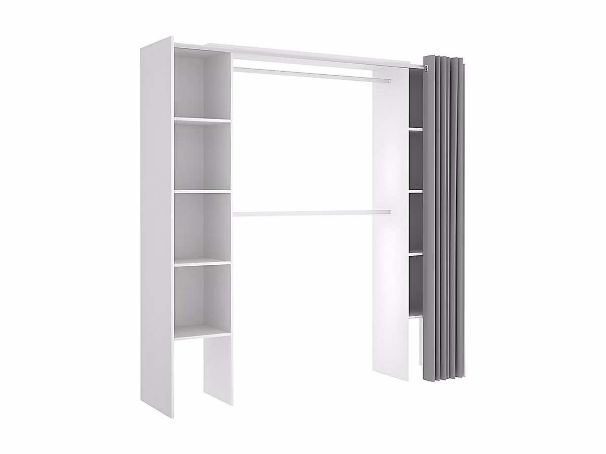 Dressing extensible DORIAN avec rideau – L110/180 cm, Coloris : Blanc et gris