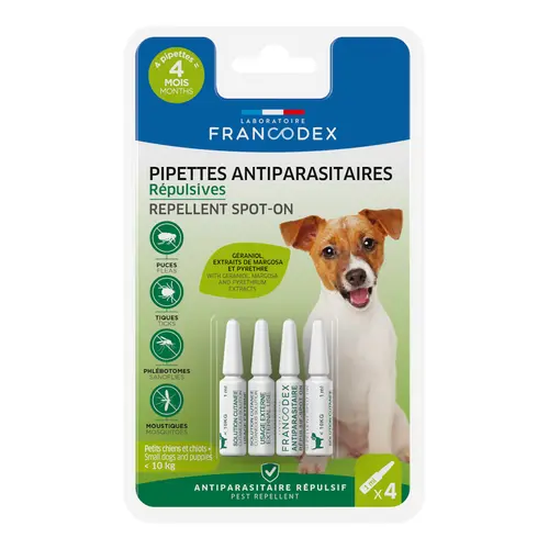 Pour plus de praticité au jardin:Pipettes antiparasitaires répulsives pour chiot et petit chien moins de 10 kg Francodex - 4 x 1 ml