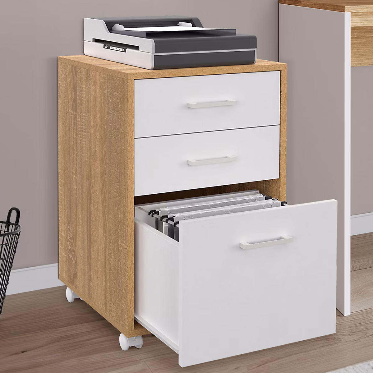 Rangement bureau – Caisson de bureau JON support imprimante 3 tiroirs blanc et bois