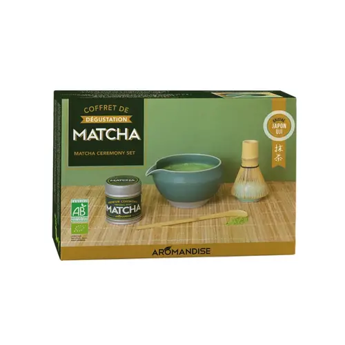 Côté extérieur：Coffret de dégustation thé matcha bio de cérémonie avec bol Jade Aromandise