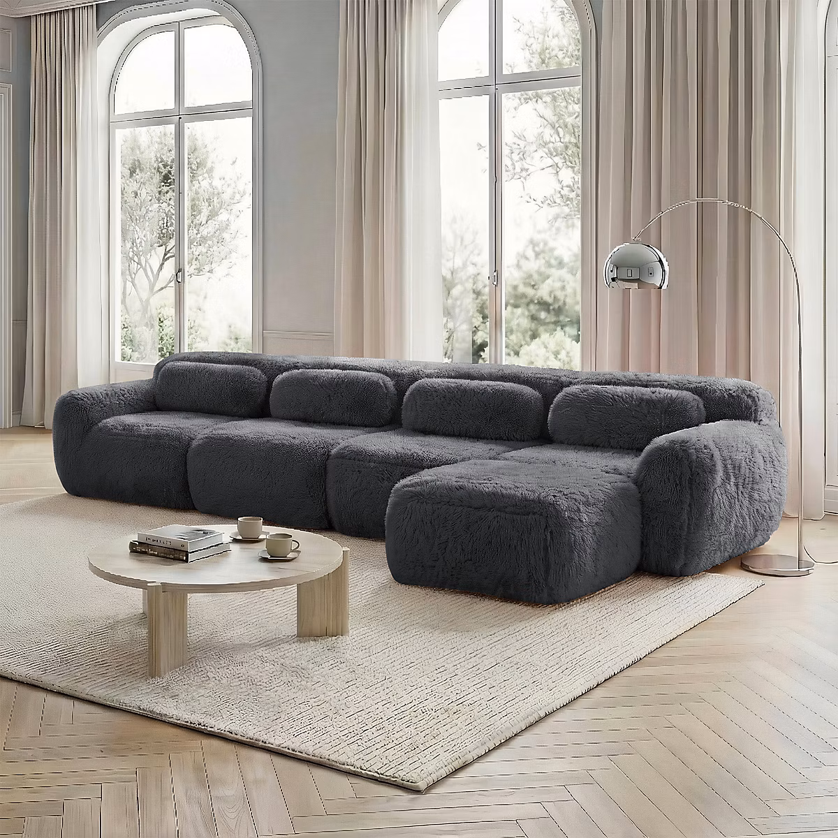 Canapé 4 places en L – modulaire, non monté, tissu peluche premium, avec coussins, design chaise longue, mousse élastique, gris