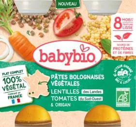 Idéal pour le jardin:Pâtes bolognaises végétales carottes lentilles tomates Baby bio - 2 x 200 g