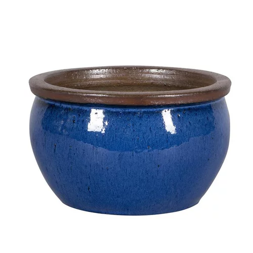 Pour vivre le jardin autrement:Pot rond Bonn bleu en grès émaillé - Ø 23,5 x 14,5 cm