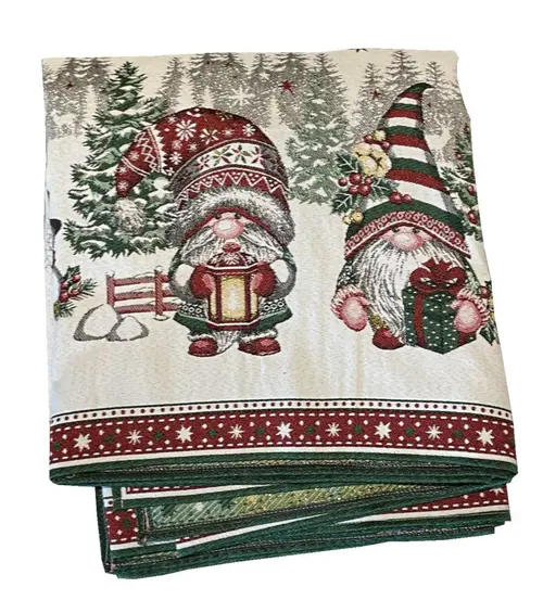 Une sélection pensée pour le jardin：Nappe blanche en PE/coton à motifs verts et rouges Lutins - 140 x 300 cm
